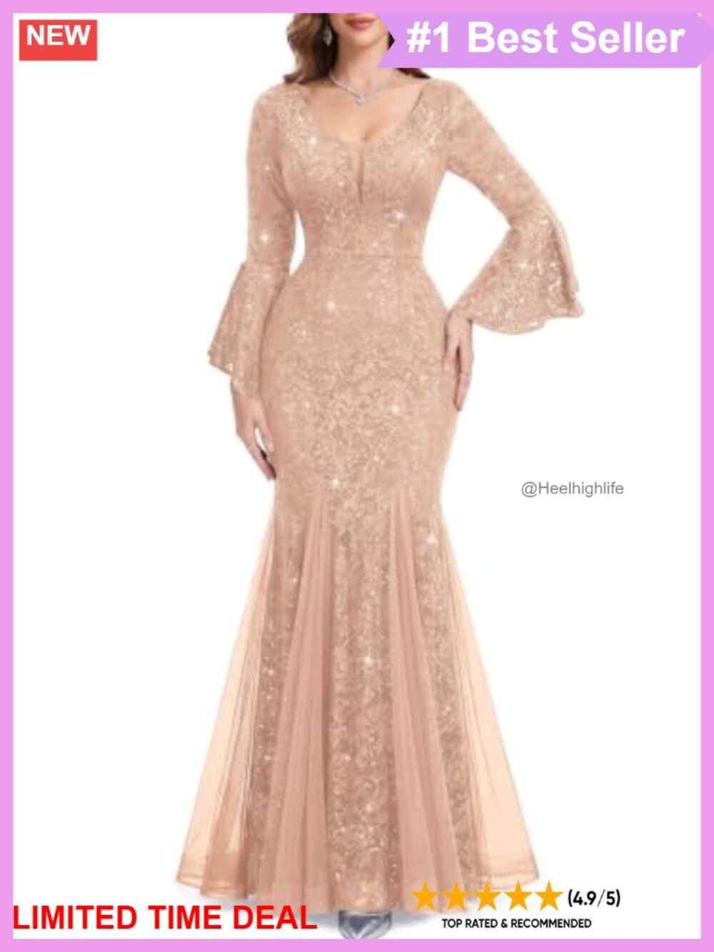 Formal Evening Gown Floral Sequin Lace V-Neck Bell Sleeve Mermaid Prom Dress